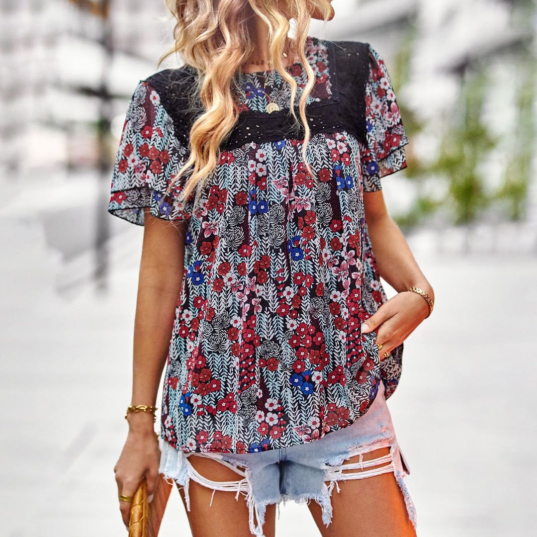 Dame blomsterprint-bluse med spidskant Skovae