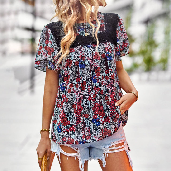 Dame blomsterprint-bluse med spidskant Skovae