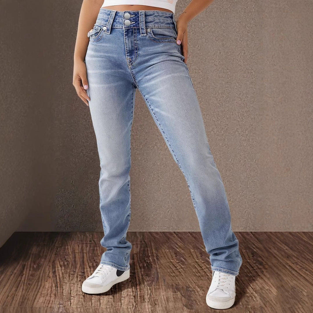 Dame High-Waist Slim Fit Jeans med elegant knapdetalje Stilla