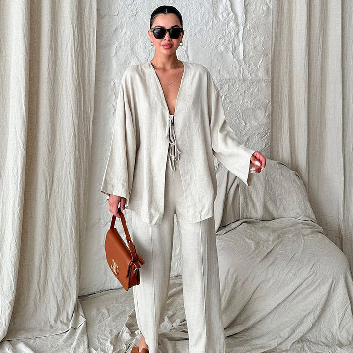 Dame luftig to-delt outfit med bredt top og komfortable bukser Stilla