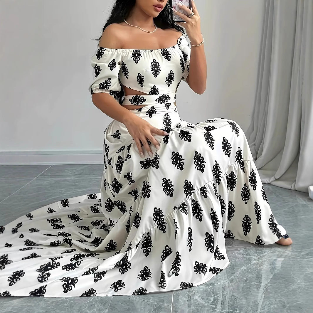 Dame Off-Shoulder Maxikjole med florale mønstre og voluminøs kant Stilla