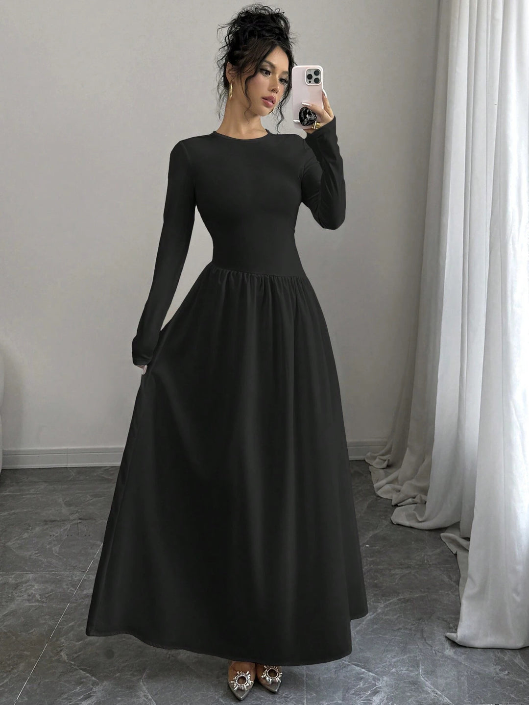 Dame elegant Maxikjole med lange ærmer og vid nederdel Stilla