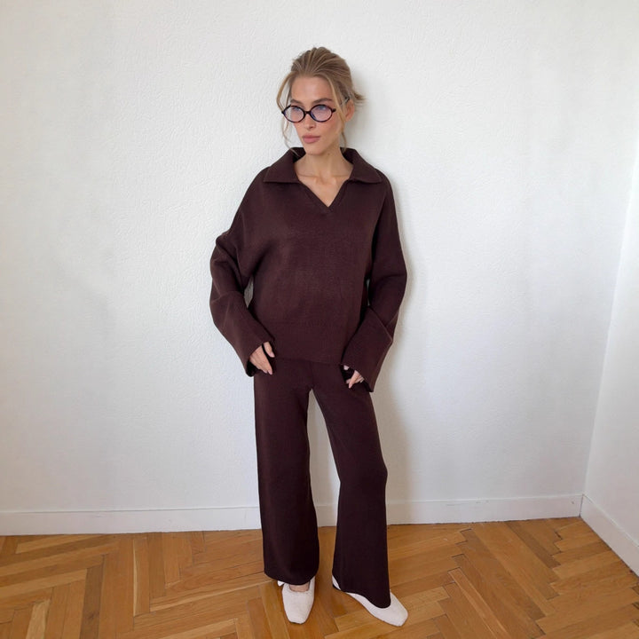 Kvinder casual strikket sæt med løs pasform og elegant V-hals Stilla