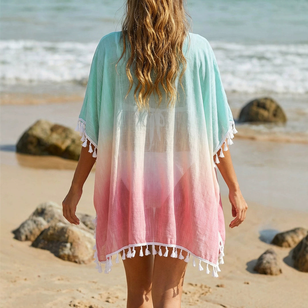 Dame afslappet strandponcho med frynset accenter Skovae