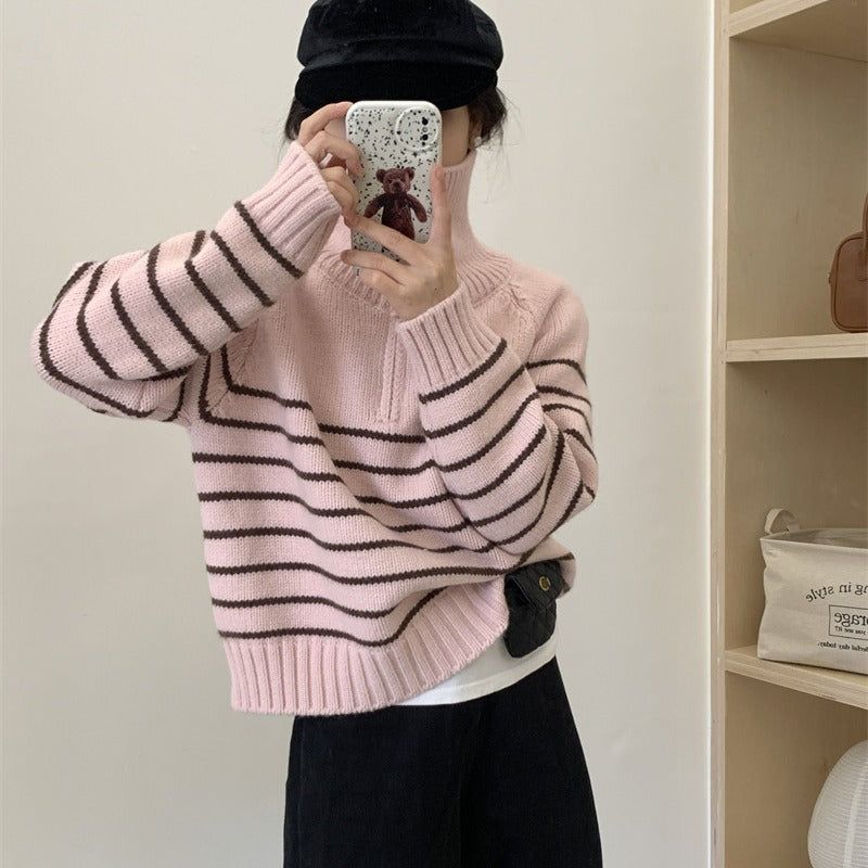 Kvinders casual strikket sweater med sporty krave og stribemønster Stilla