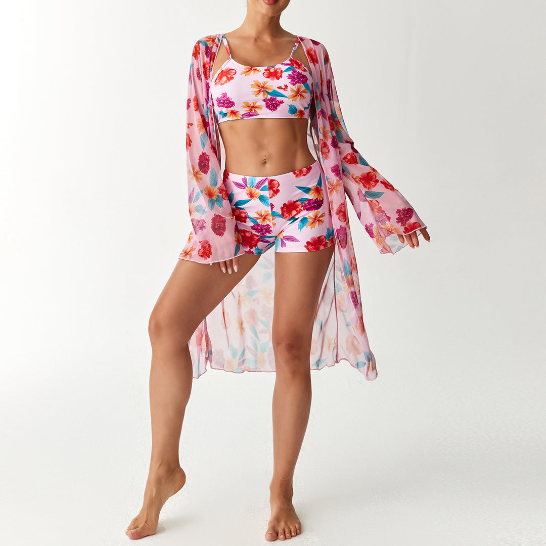 Dame bikini sæt med elegant crop-top og gennemsigtig strandkimono Skovae