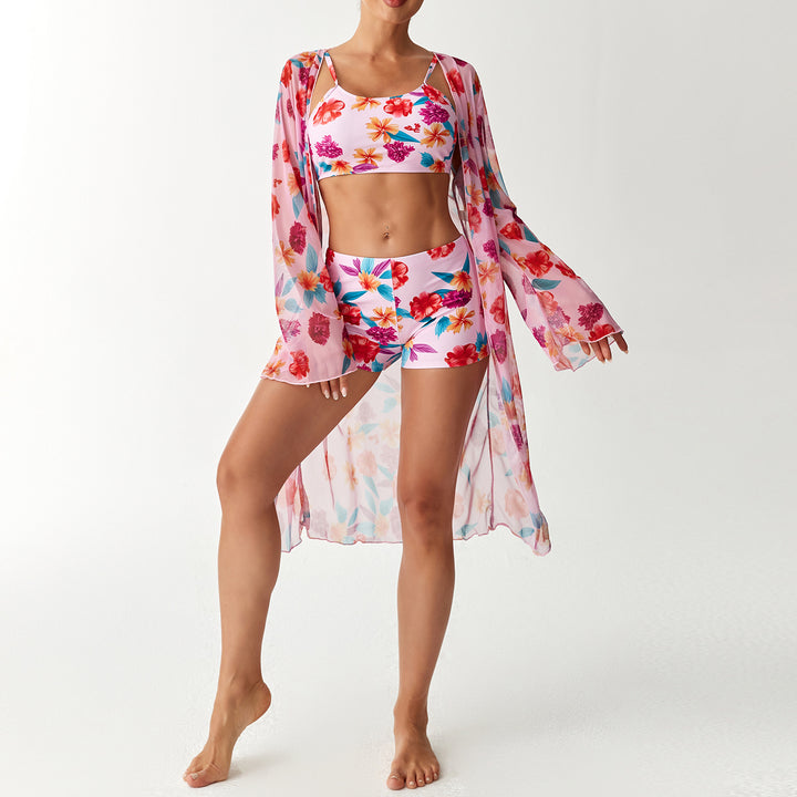 Dame bikini sæt med elegant crop-top og gennemsigtig strandkimono Skovae