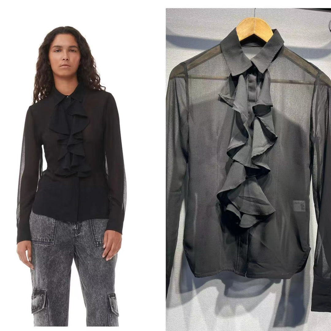 Damebluse med voluminøse flæsedetaljer i sart chiffon Stilla