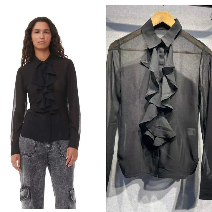 Damebluse med voluminøse flæsedetaljer i sart chiffon Stilla
