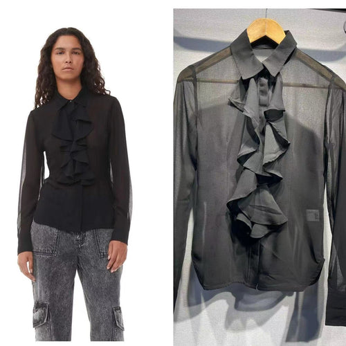 Damebluse med voluminøse flæsedetaljer i sart chiffon Stilla