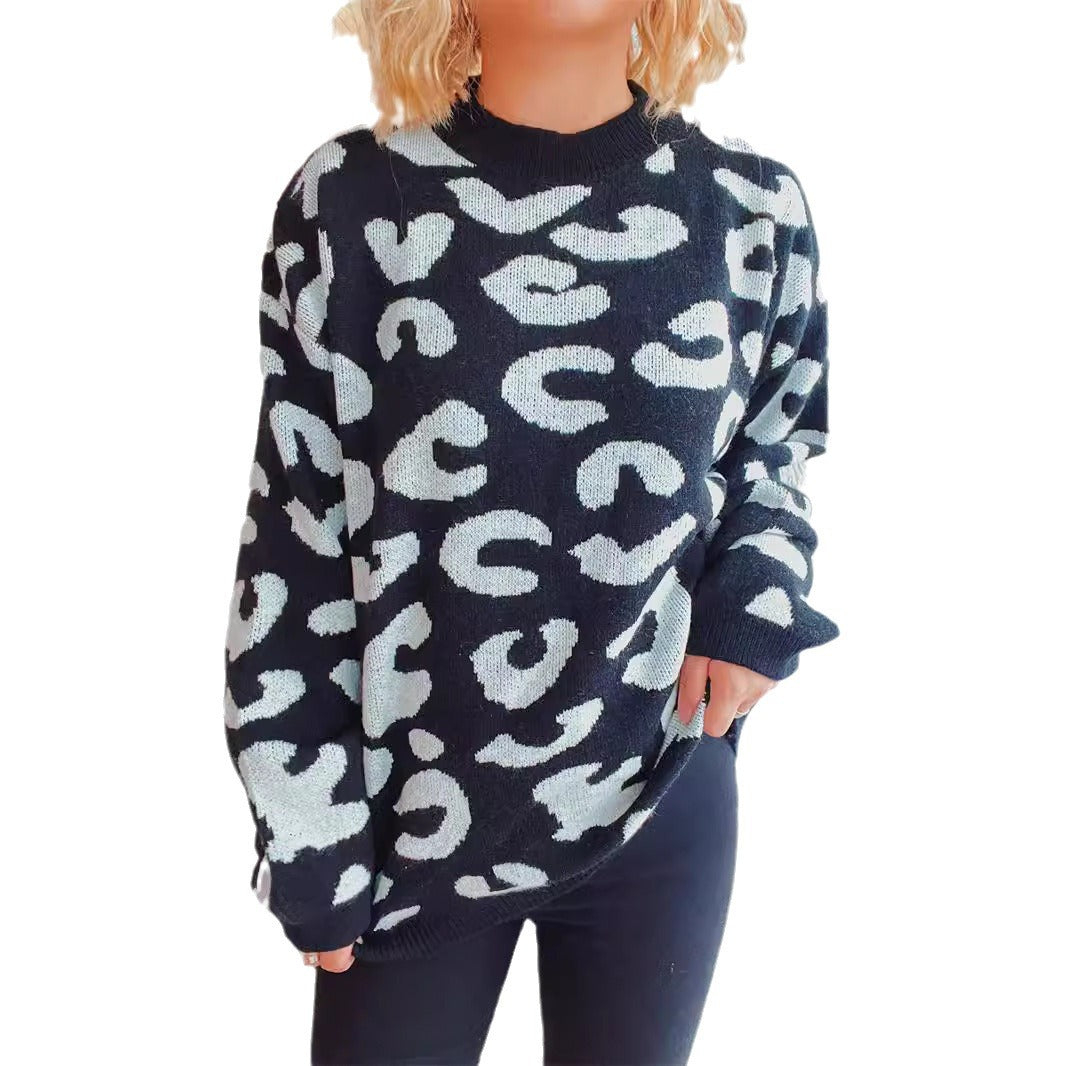 Dame komfortabel oversized pullover med moderne leopardmønster og rund halsudskæring Stilla