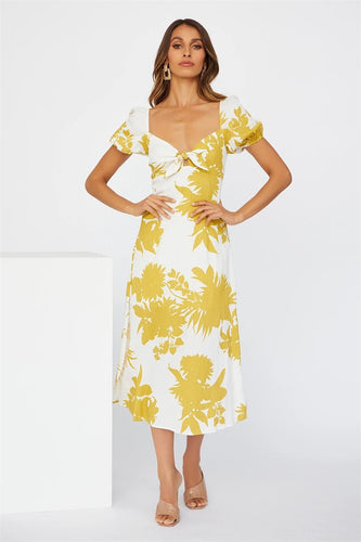 Femme Floral Åben ryg Midi Kjole med Puffærmer Stilla