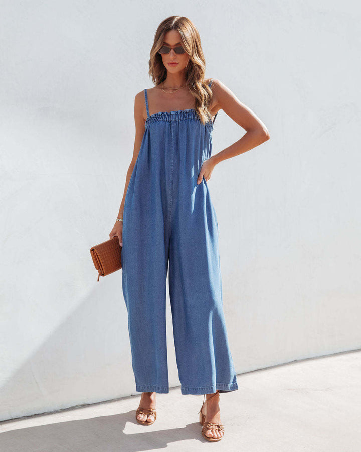Femme Bredbenet Denim-Overalls med justerbare stropper Stilla