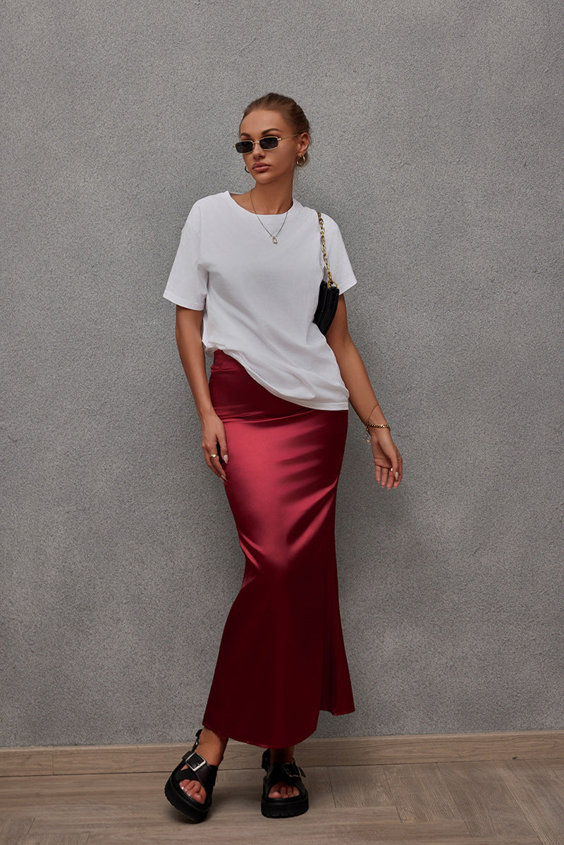 Dame Elegant Maxi Skirt i skinnende satin med høj slids Skovae
