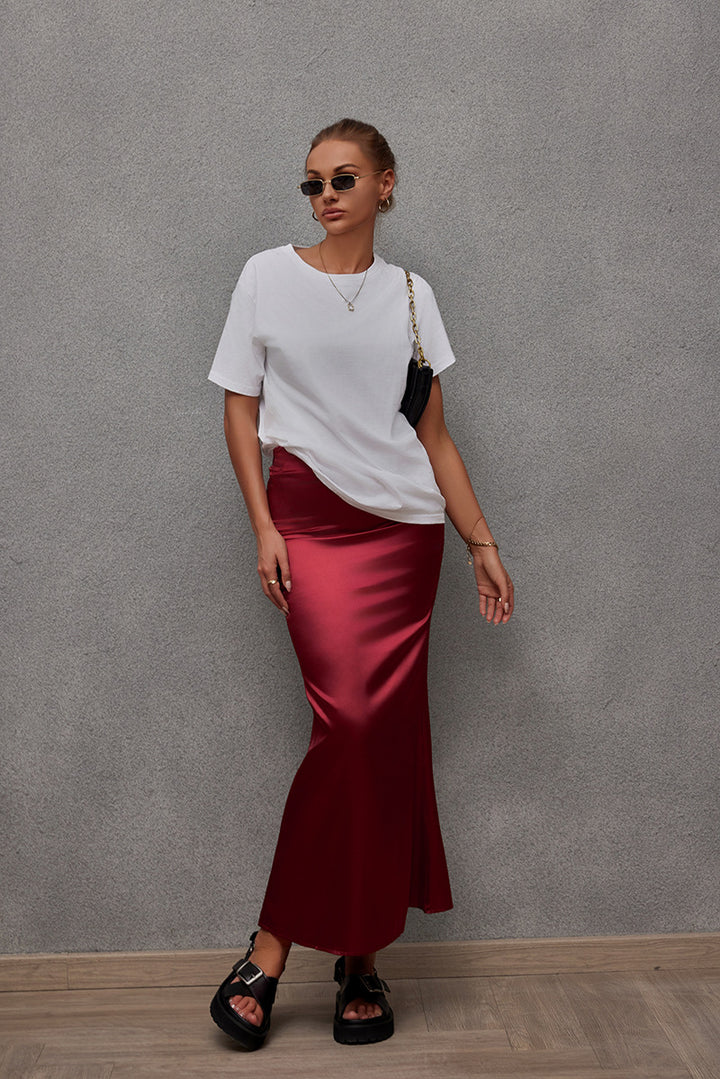 Dame Elegant Maxi Skirt i skinnende satin med høj slids Skovae