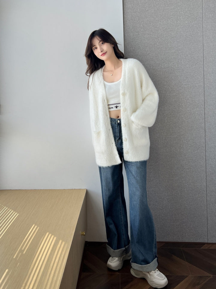 Dame fluffy cardigan med lommer og brede revers Stilla