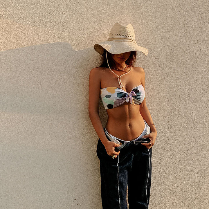 Dame Bikini-sæt med stilfuld knude-design og høj benskæring Skovae