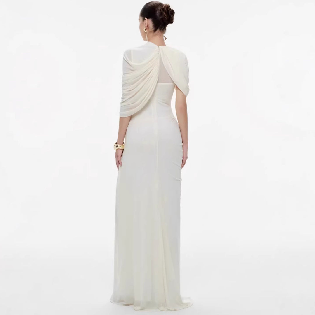Dame elegant maxikjole med innovative draperingsdetaljer og asymmetrisk overdel Skovae