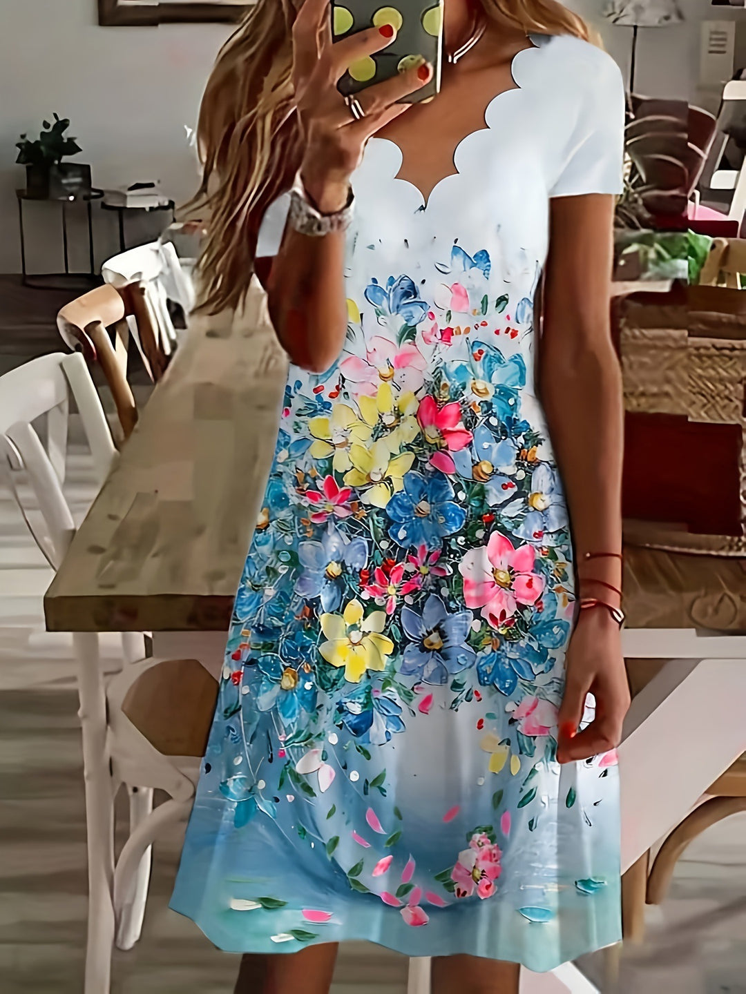 Dame Scalloped Floral Print Midi Kjole Stilla