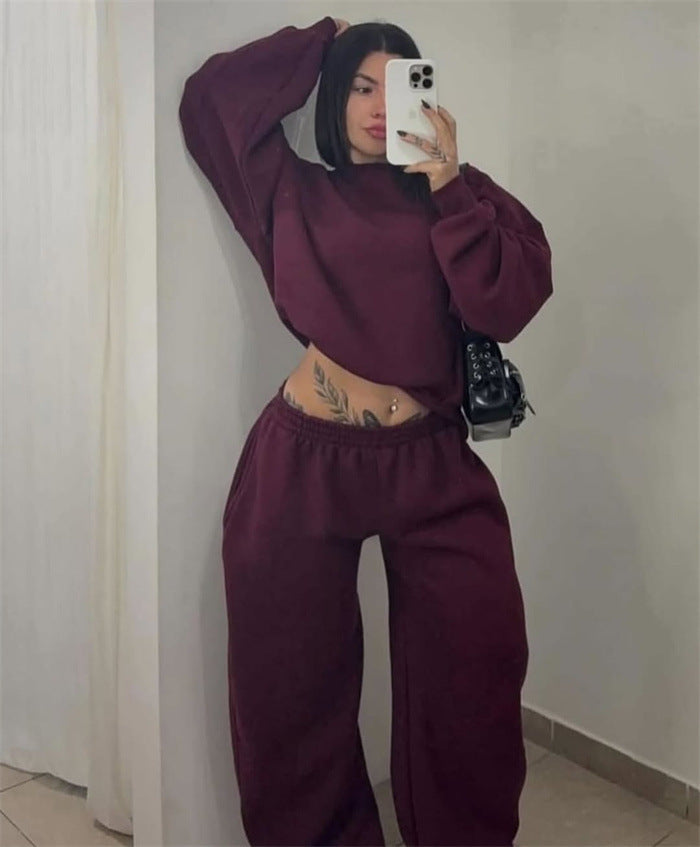 Kvinders Komfortable Sæt af Korte Sweatshirts og Bred Joggingbukser Skovae