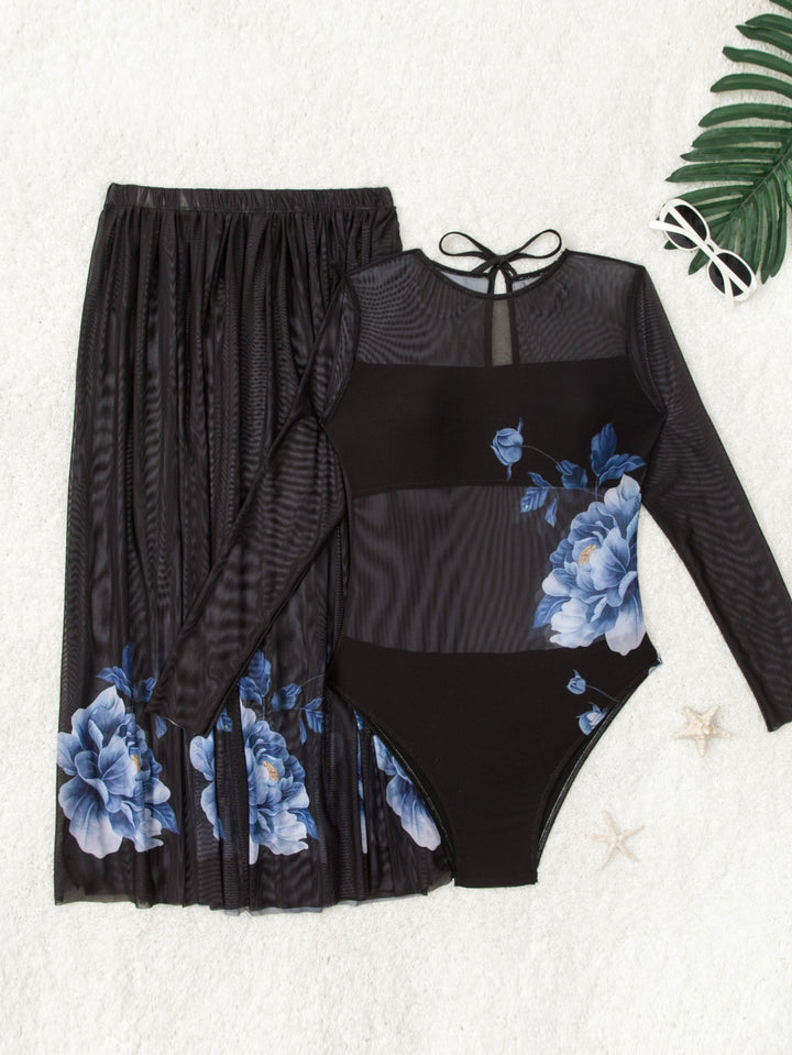 Dame Elegant Badedragt med lang arm og floral nederdel Stilla