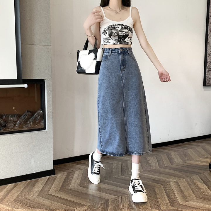 Dame midi denim nederdel med frontslids Stilla