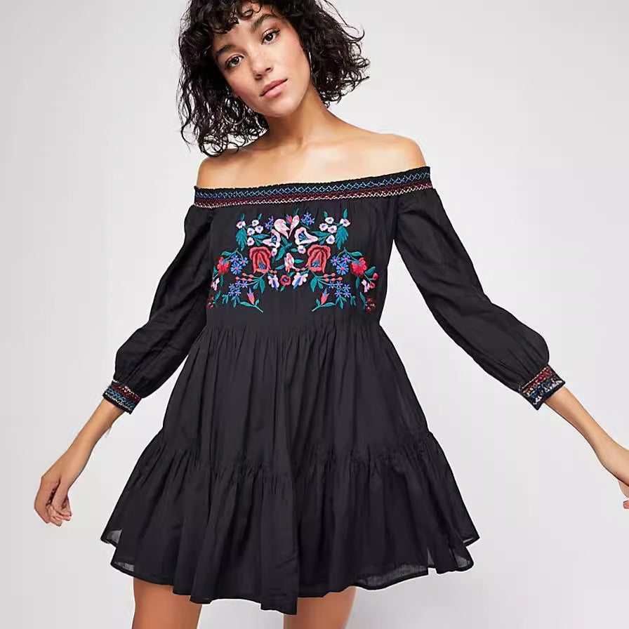 Damer Off-Shoulder Kjole med blomsterbroderi og elastiske ærmer Stilla