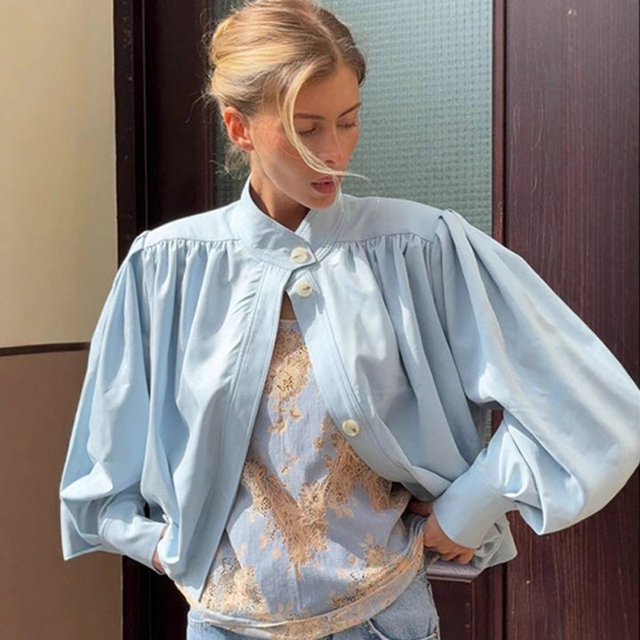 Damer Cropped Bluse med ballonformede ærmer og højhalset krave Stilla