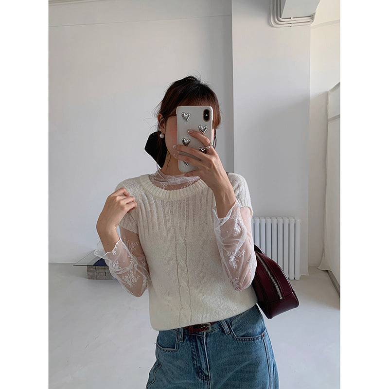 Dame elegant strikoverdel med transparente ærmer og detaljeret blomster spids Stilla