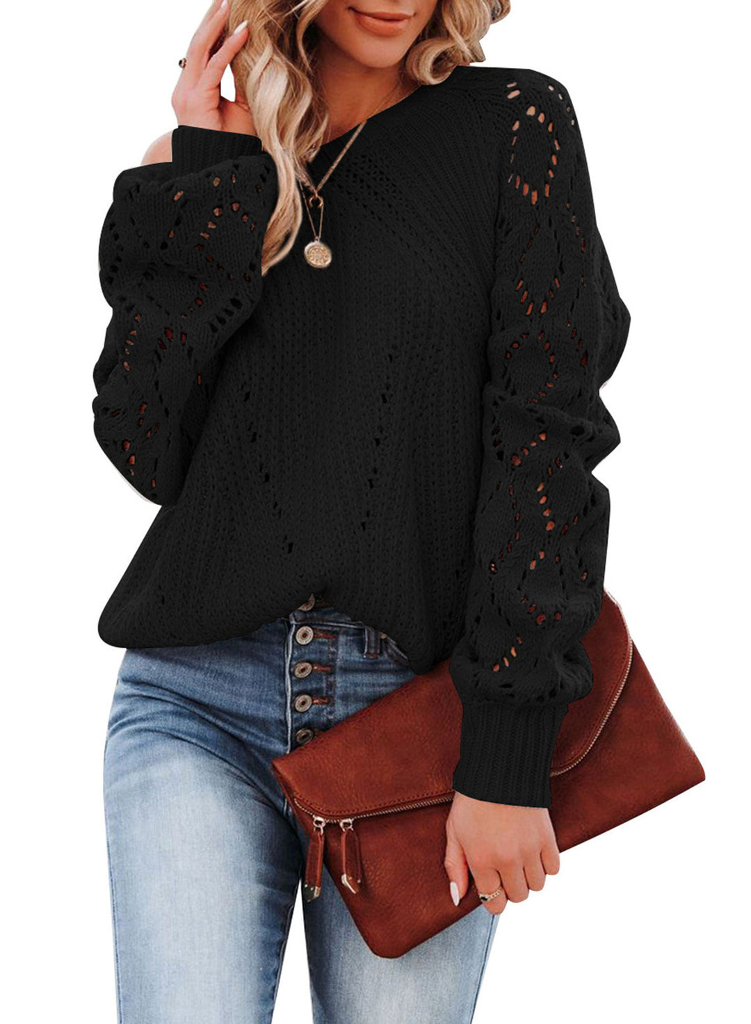 Damer grovstrikket pullover med dyb V-hals Stilla