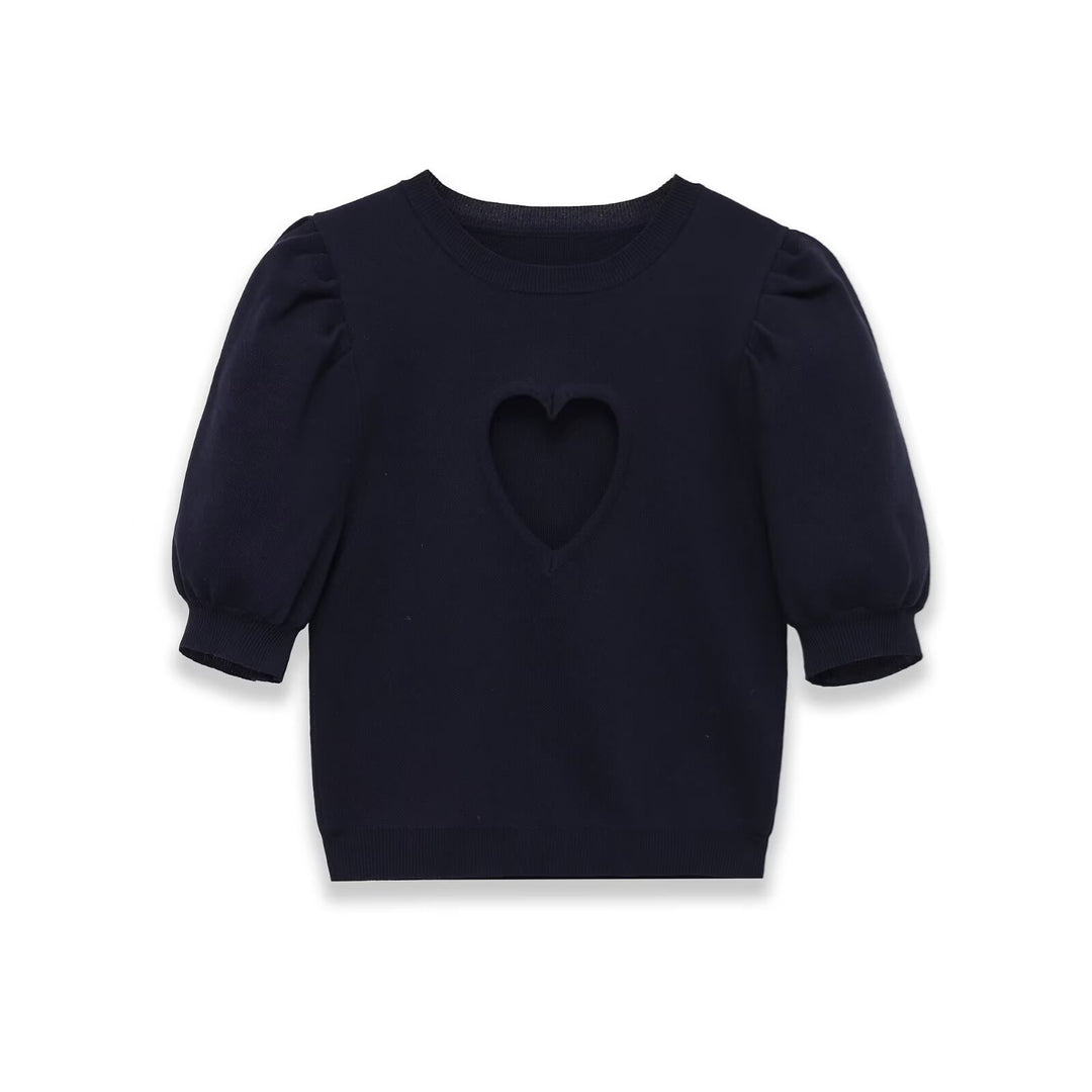 Dame bomulds sweater med hjerteformet udskæring og modige puffærmer Skovae