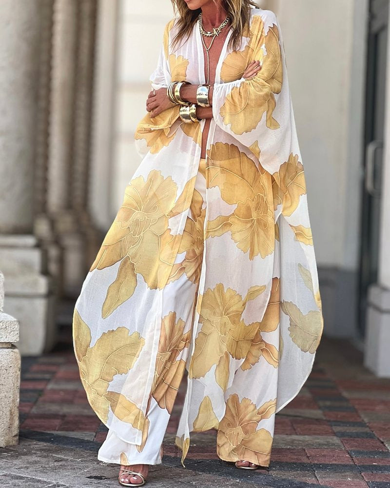 Kvindernes langærmede kimono med blomsterprint og flydende stof Skovae