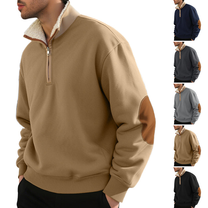 Herre nan legeres halvzip-sweatshirt med sherpa-futteret ståkrave og kunstlæder-albueapplikation Skovae
