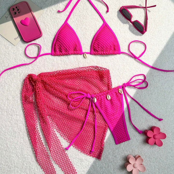 Dame triangel-bikini med gennemsigtigt netstof og snøredetaljer Skovae