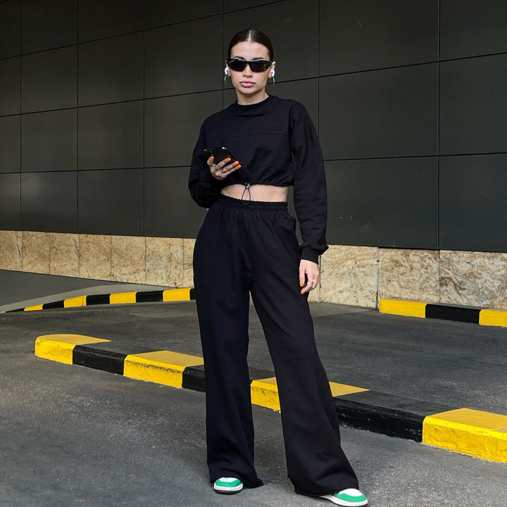 Kvindernes trendy cropped sweatshirts og brede bukser sæt Skovae