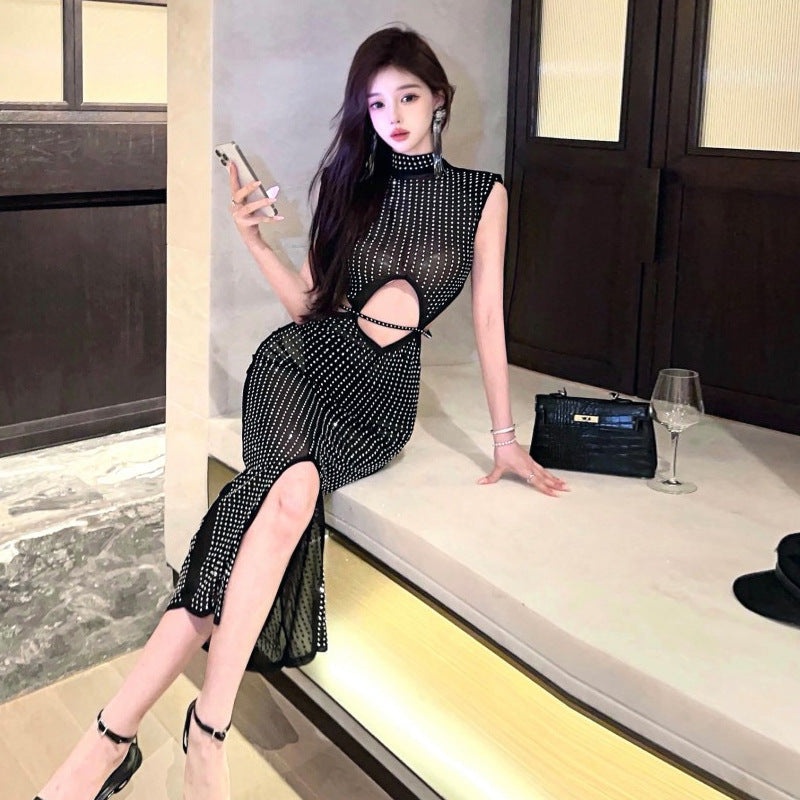Skovae | Sexy Mesh Gennemsigtig Rhinestone Hult Split Bodycon Kjole