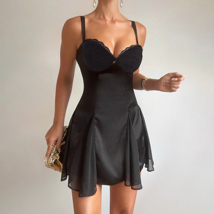 Damen elegantes Cocktailkleid mit Spitzen-Bustier und schwingendem Rock Skovae