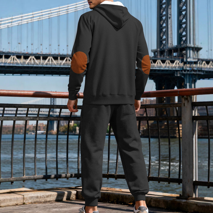 Herre nan struktureret hoodie-jogging sæt med Henley-knapstolpe og kontrast-albue-patches Skovae