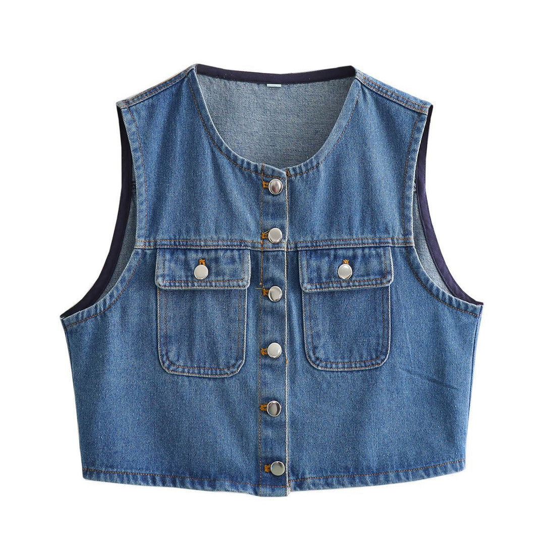 Femme Cropped Denim Utility Vest Stilla