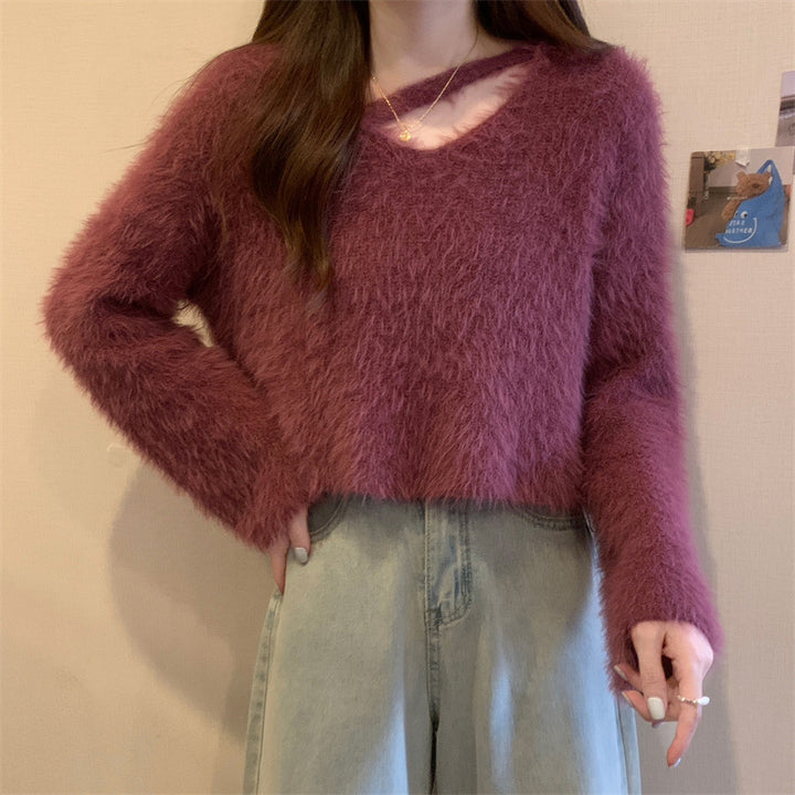 Kvinders fluffy cropped sweater med blødt strikket mønster Stilla