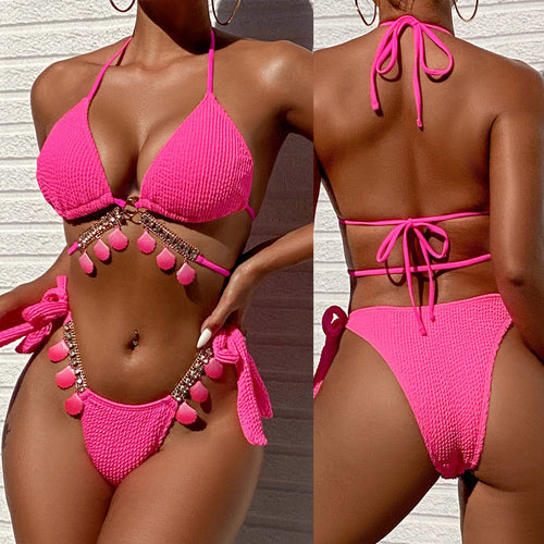 Dame Triangel-Bikini med dekorative pomponer og glimmerdetaljer Skovae