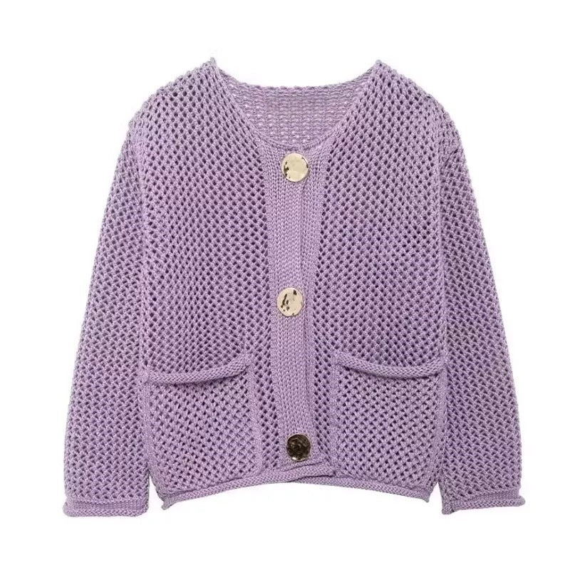 Kvinders cardigan med mesh struktur og store knapdetaljer Stilla