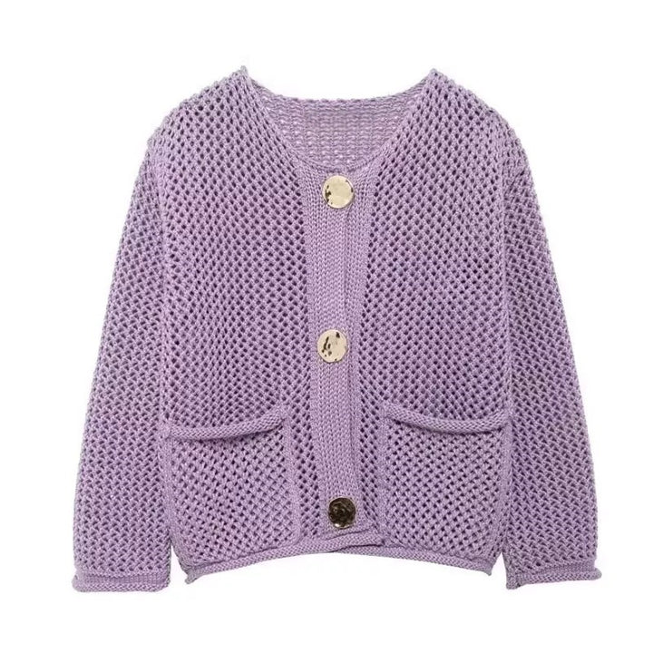 Kvinders cardigan med mesh struktur og store knapdetaljer Stilla