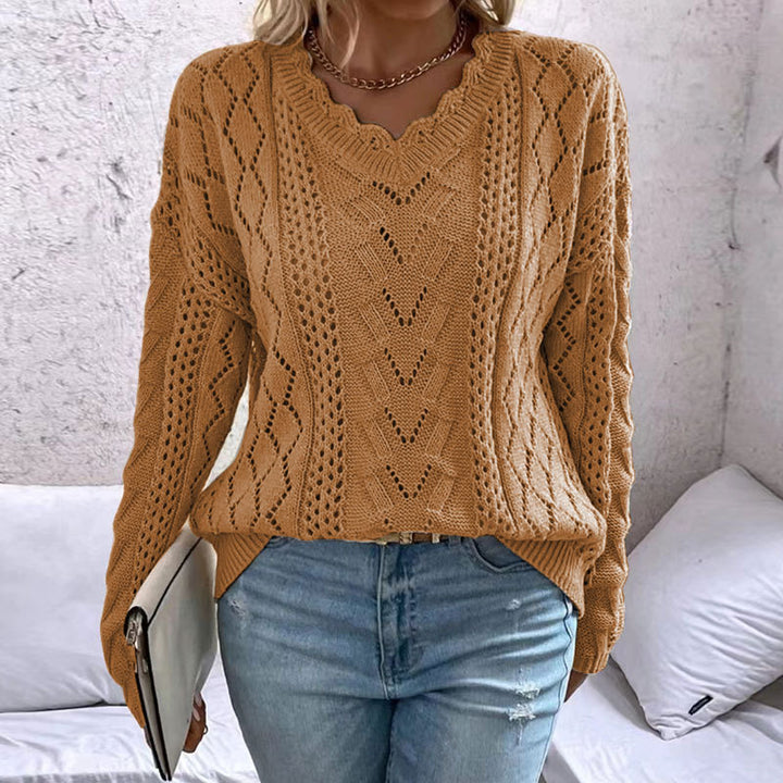 Dame strikket pullover med raffinerede mesh strukturer og V-hals Stilla