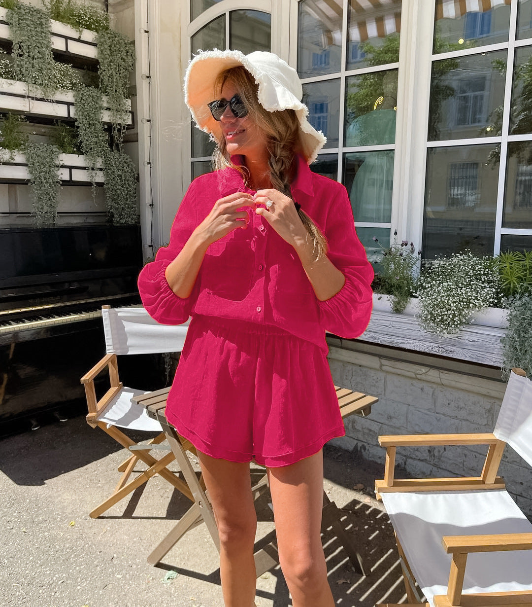 Dame løs linned shorts sæt med oversized skjorte og elastisk talje Stilla