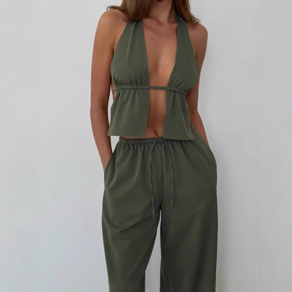 Dame Sæt bestående af Flydende Crop-Top og Vidde Skåret Palazzo-Bukser Stilla