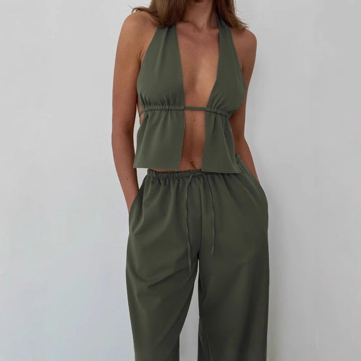 Dame Sæt bestående af Flydende Crop-Top og Vidde Skåret Palazzo-Bukser Stilla