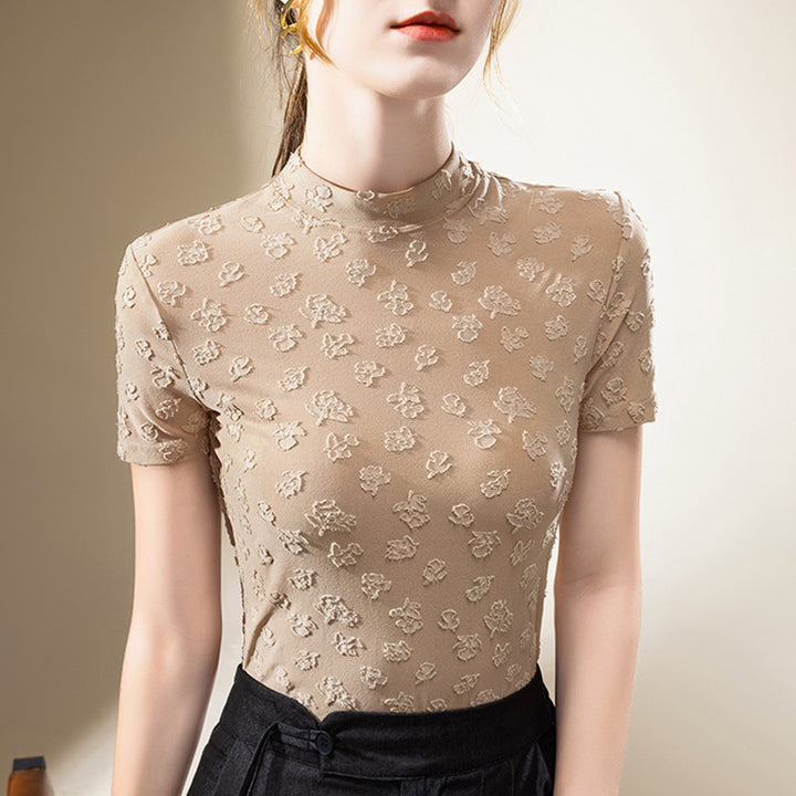 Dame Kortærmet T-shirt med elegant 3D-blomsterprint og tætsiddende snit Stilla