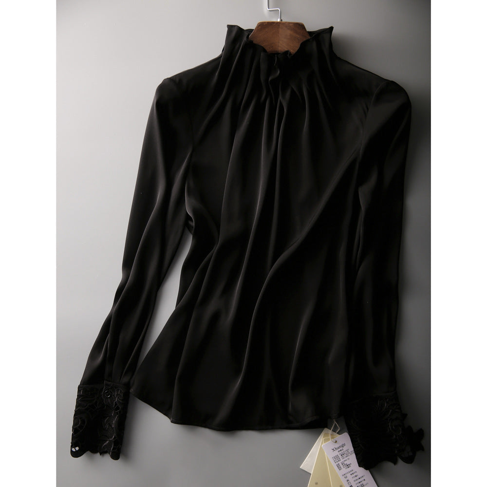 Dame elegant bluse med flæsedetaljer og blondeærmer Stilla