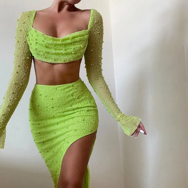 Dame Elegant Crop-top med lange, gennemsigtige ærmer og glitrende accenter Skovae